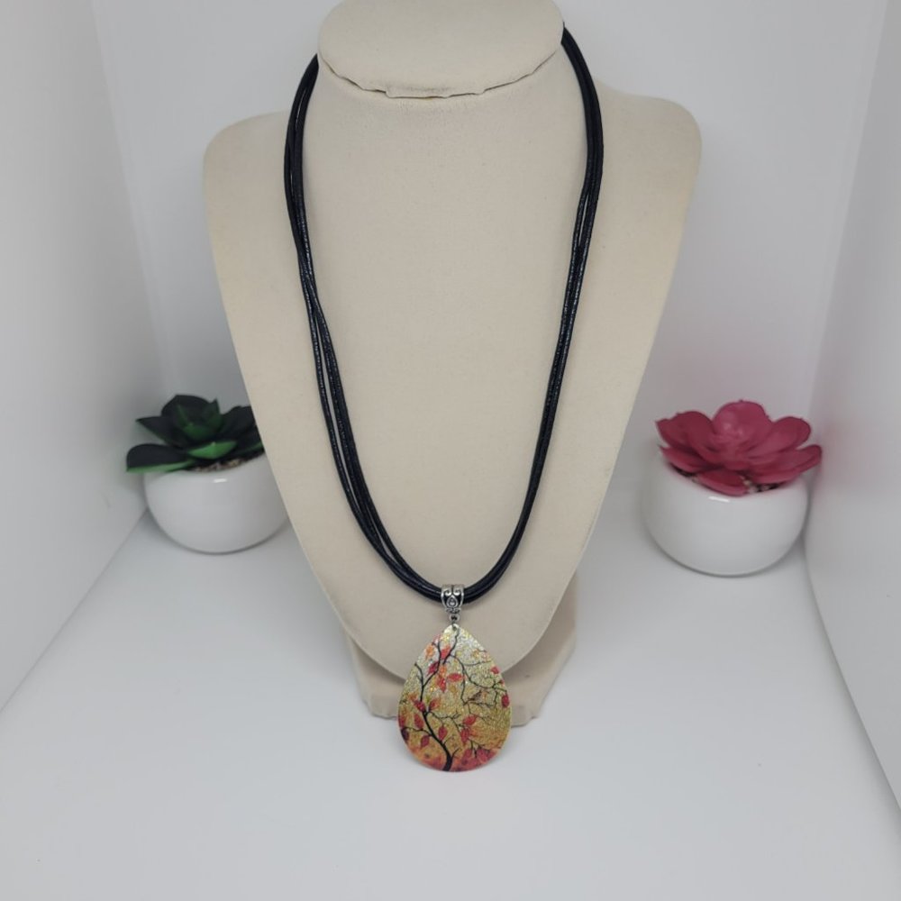 3 Strand Distressed Leather Necklace with Fall Scene Pendant